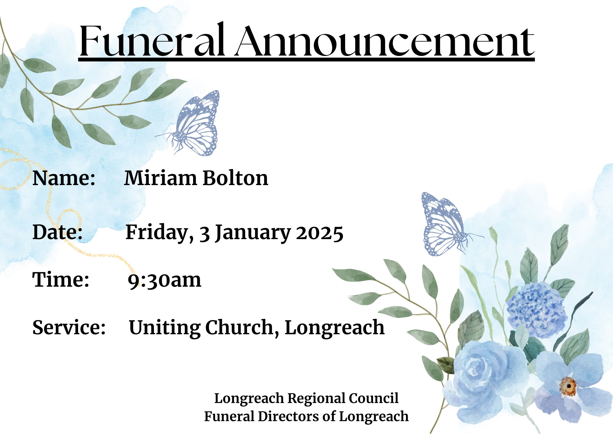 Funeral announcement miriam bolton